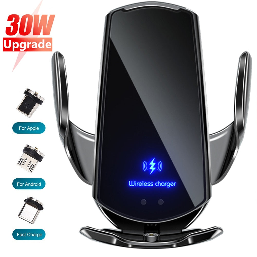 Chargeur voiture sans fil 30W – iPhone & Samsung, capteur auto