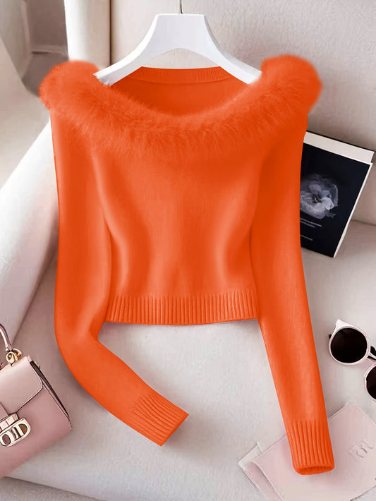 Pull femme épaules dénudées avec col fausse fourrure – élégant & chaud