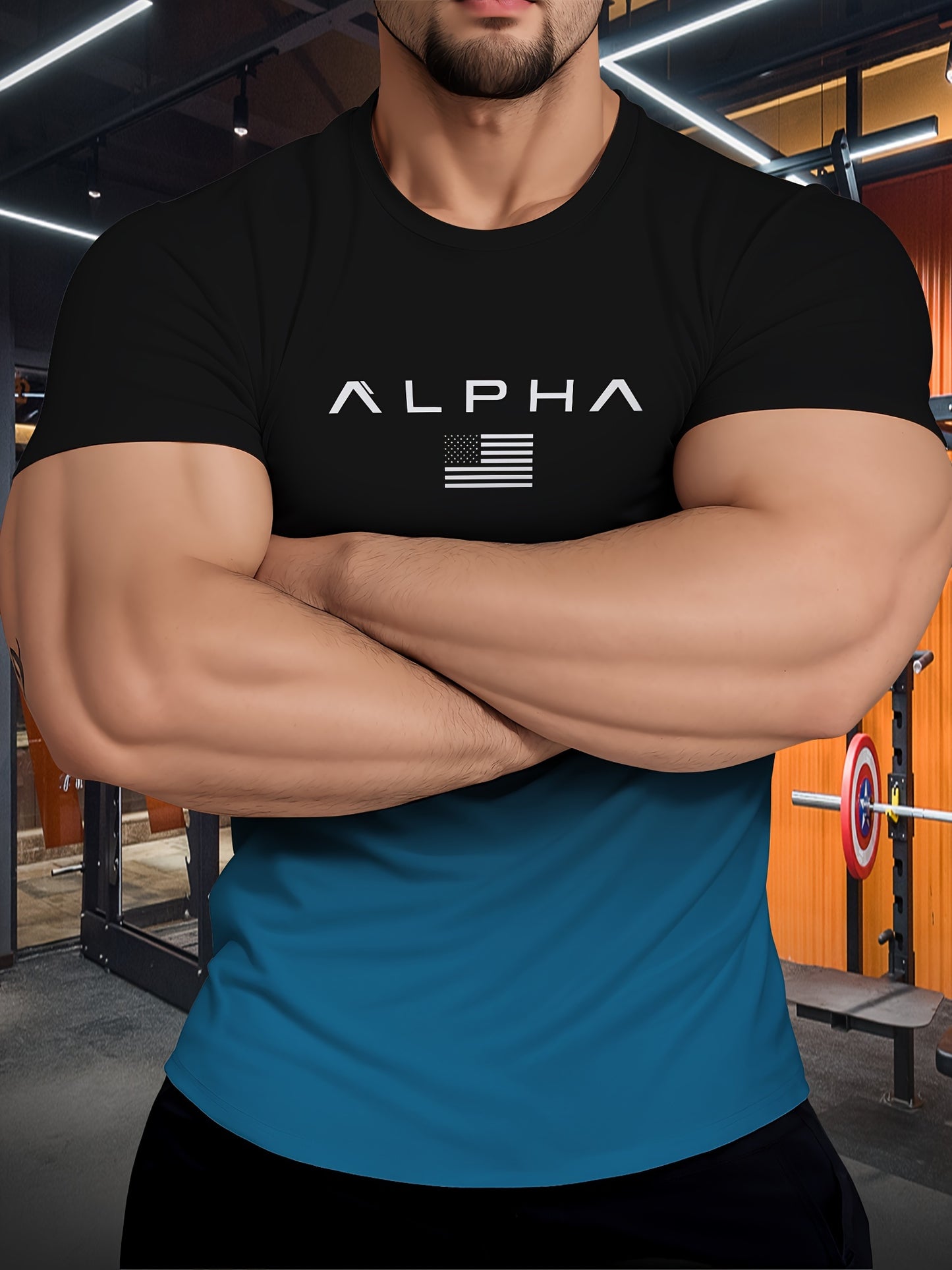 T-shirt de sport à manches courtes et col rond pour homme, imprimé dégradé et lettres, t-shirt polyvalent et confortable, vêtements de style athlétique pour l'été et le printemps