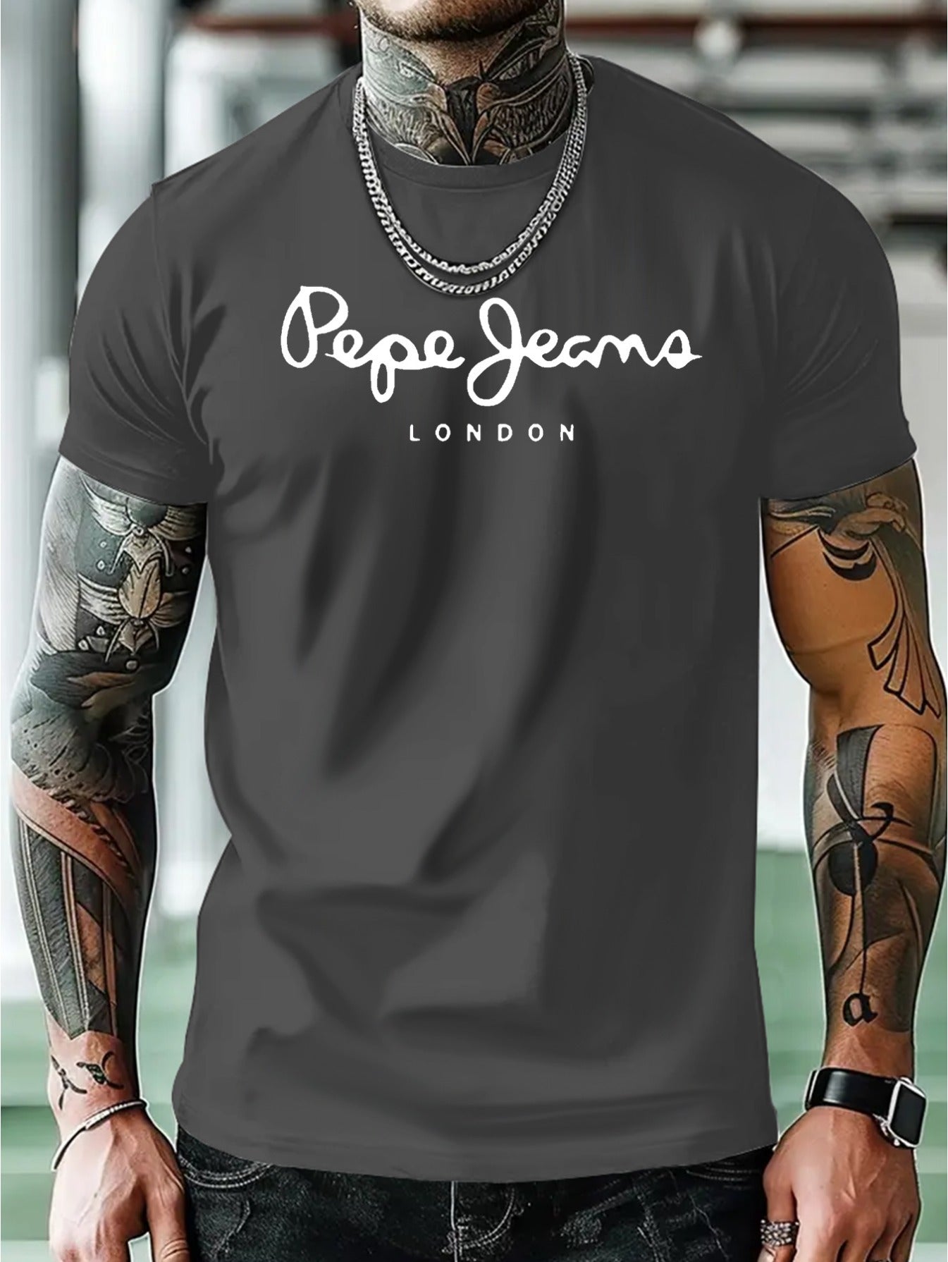 T-shirt décontracté d'été pour homme Pep Jeans London à imprimé géométrique - Vêtement pour homme adulte, col rond, tissu en polyester, convient à l'été, disponible en noir, bleu marine, marron, gris, vert et bleu