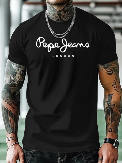 T-shirt décontracté d'été pour homme Pep Jeans London à imprimé géométrique - Vêtement pour homme adulte, col rond, tissu en polyester, convient à l'été, disponible en noir, bleu marine, marron, gris, vert et bleu