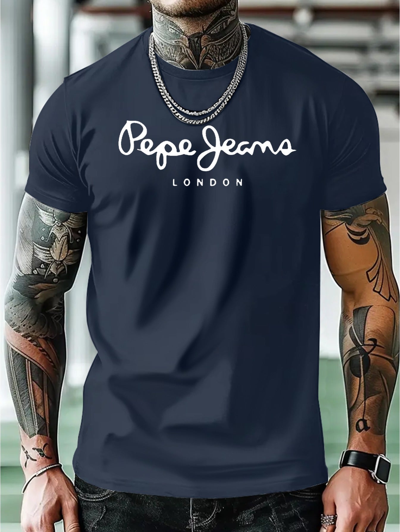 T-shirt décontracté d'été pour homme Pep Jeans London à imprimé géométrique - Vêtement pour homme adulte, col rond, tissu en polyester, convient à l'été, disponible en noir, bleu marine, marron, gris, vert et bleu