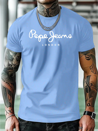 T-shirt décontracté d'été pour homme Pep Jeans London à imprimé géométrique - Vêtement pour homme adulte, col rond, tissu en polyester, convient à l'été, disponible en noir, bleu marine, marron, gris, vert et bleu