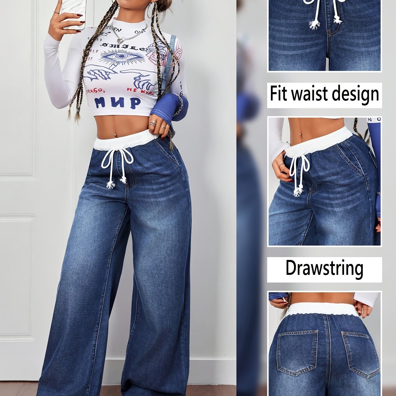 Jean Femme Large à Cordon – Coupe Bootcut Confort Casual