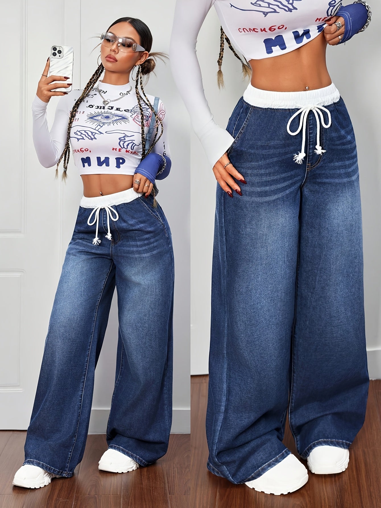 Jean Femme Large à Cordon – Coupe Bootcut Confort Casual