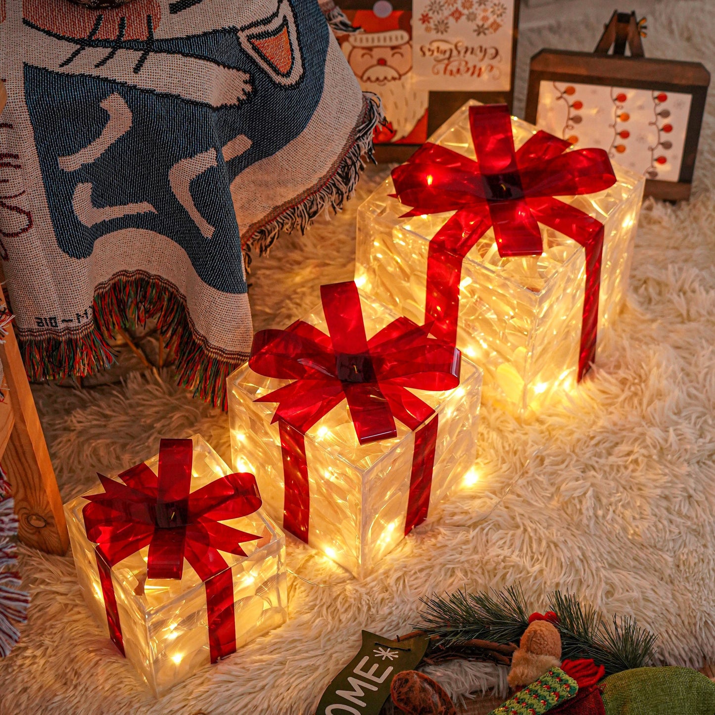 Boîtes lumineuses de Noël 🎁 – Lot de 3 décorations LED