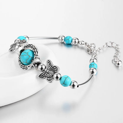 Bracelet Bohème Turquoise & Papillons Argentés Femme