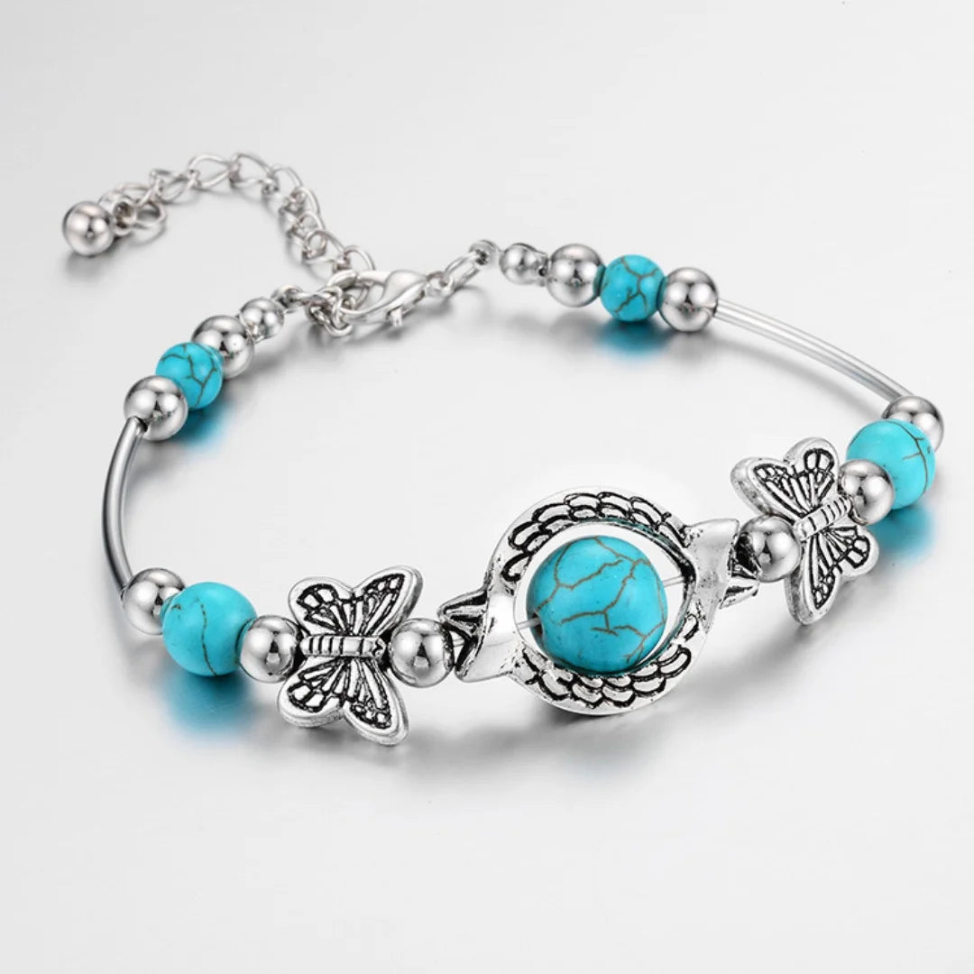Bracelet Bohème Turquoise & Papillons Argentés Femme