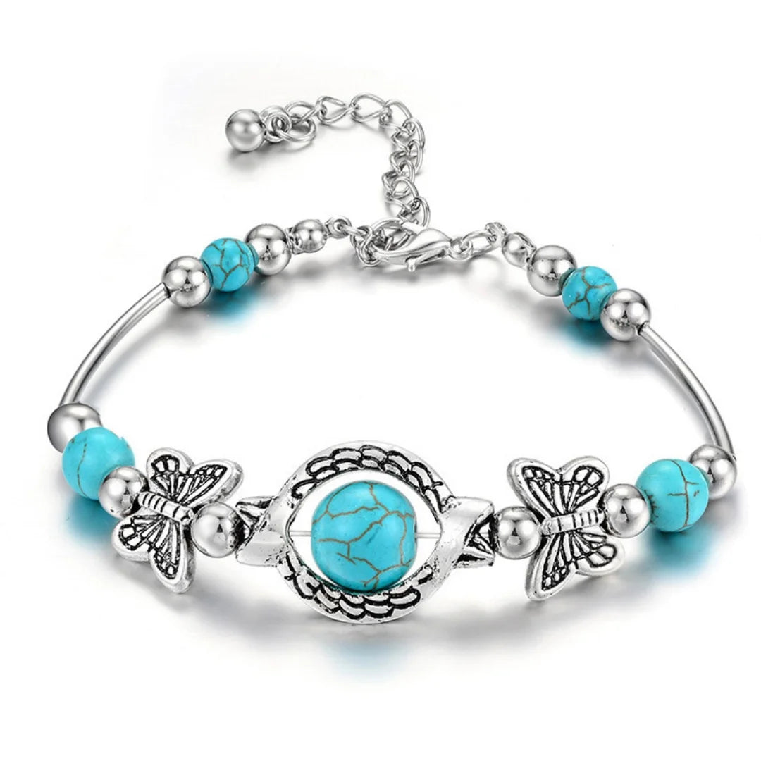 Bracelet Bohème Turquoise & Papillons Argentés Femme