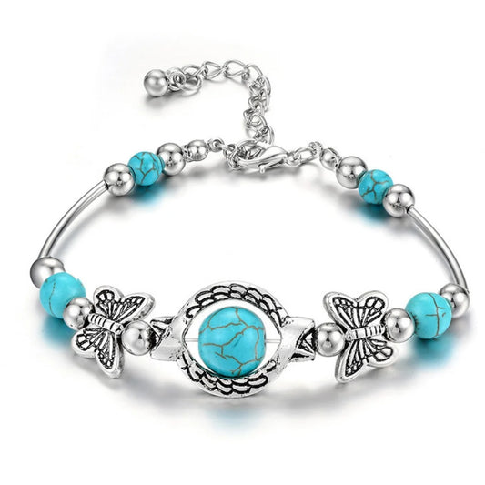 Bracelet Bohème Turquoise & Papillons Argentés Femme