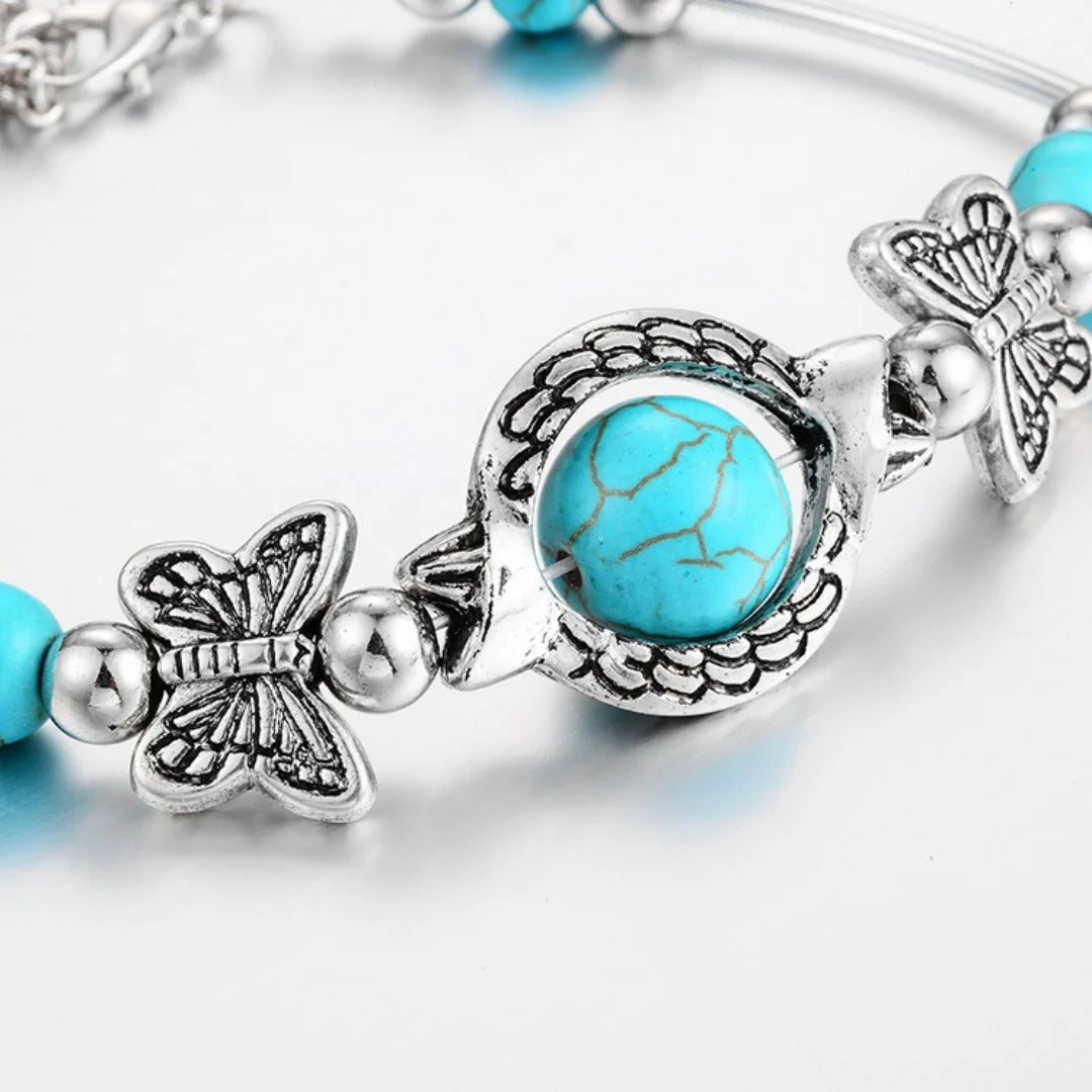 Bracelet Bohème Turquoise & Papillons Argentés Femme