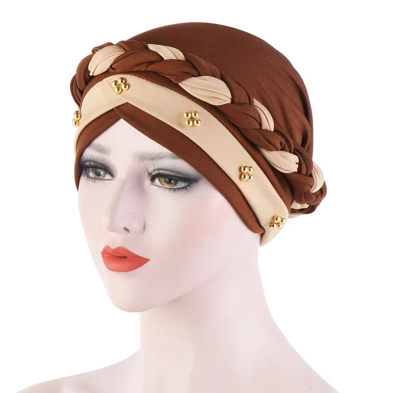 Turban femme  – Coton bicolore & perles élégantes