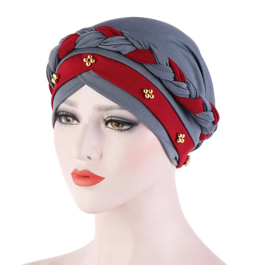 Turban femme  – Coton bicolore & perles élégantes