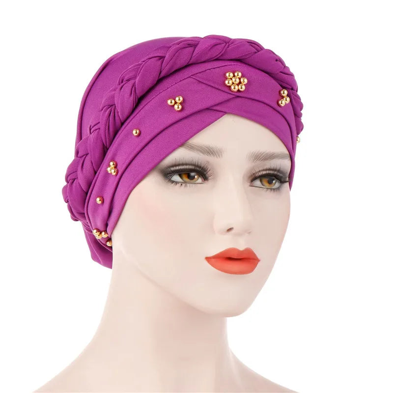 Turban femme  – Coton bicolore & perles élégantes
