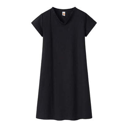 Robe Femme Col V Unie – Manches Courtes, Casual & Confortable