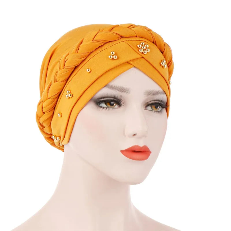 Turban femme  – Coton bicolore & perles élégantes