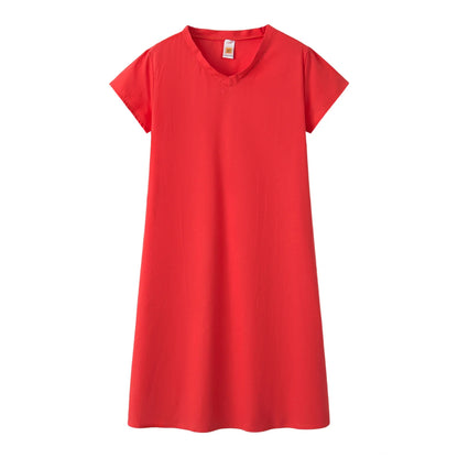 Robe Femme Col V Unie – Manches Courtes, Casual & Confortable