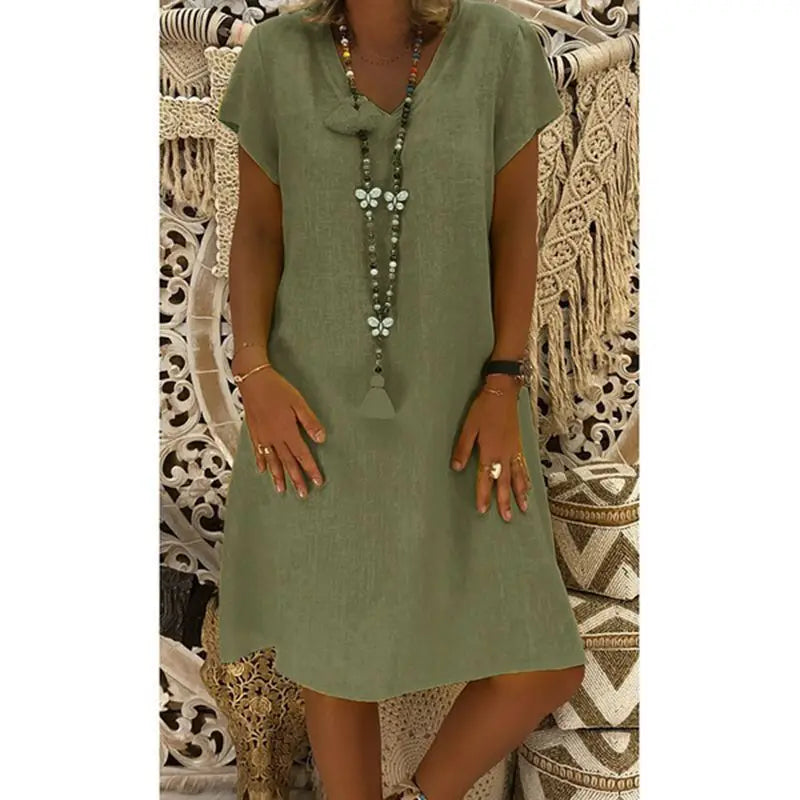 Robe Femme Col V Unie – Manches Courtes, Casual & Confortable
