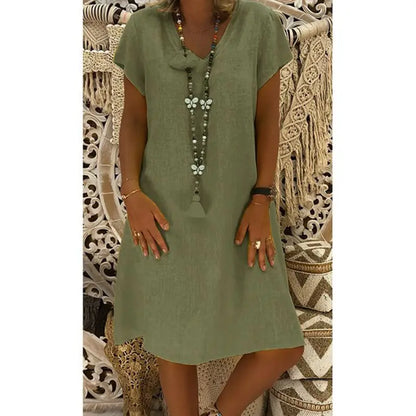 Robe Femme Col V Unie – Manches Courtes, Casual & Confortable
