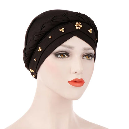 Turban femme  – Coton bicolore & perles élégantes