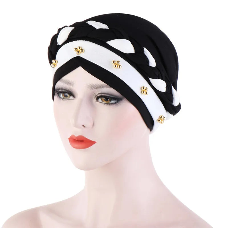 Turban femme  – Coton bicolore & perles élégantes