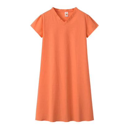 Robe Femme Col V Unie – Manches Courtes, Casual & Confortable