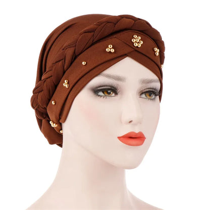 Turban femme  – Coton bicolore & perles élégantes