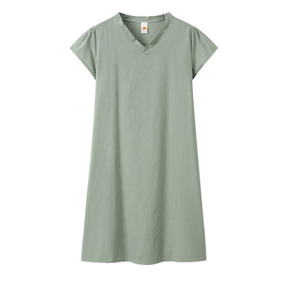 Robe Femme Col V Unie – Manches Courtes, Casual & Confortable