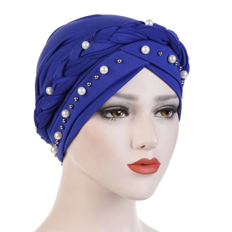 Turban femme  – Coton bicolore & perles élégantes