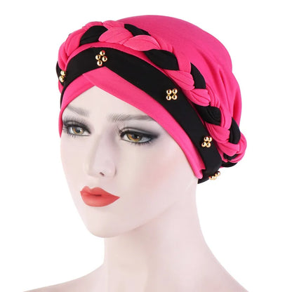 Turban femme  – Coton bicolore & perles élégantes