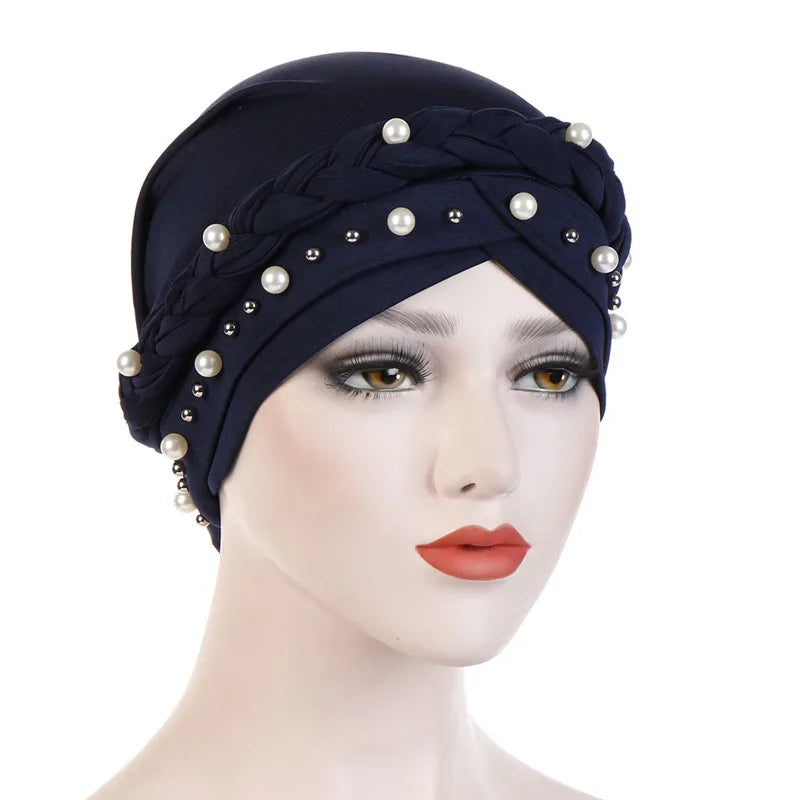 Turban femme  – Coton bicolore & perles élégantes