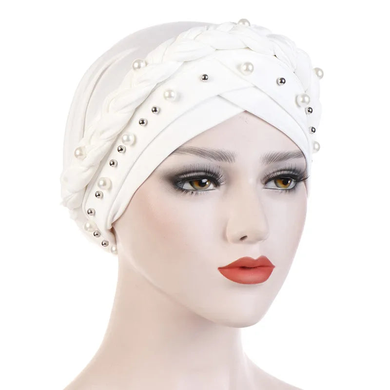 Turban femme  – Coton bicolore & perles élégantes