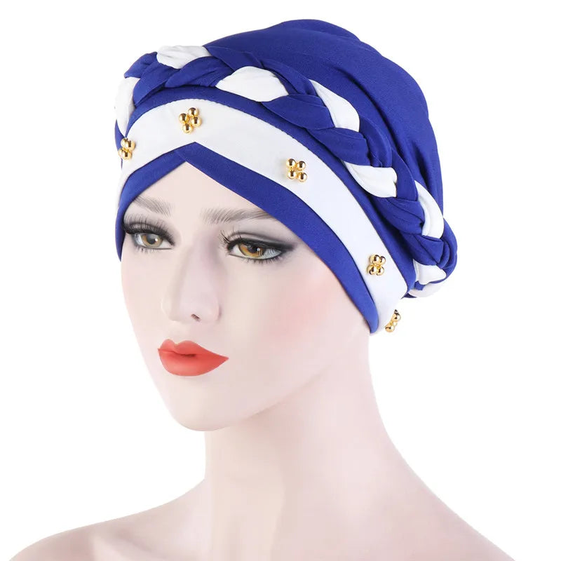 Turban femme  – Coton bicolore & perles élégantes