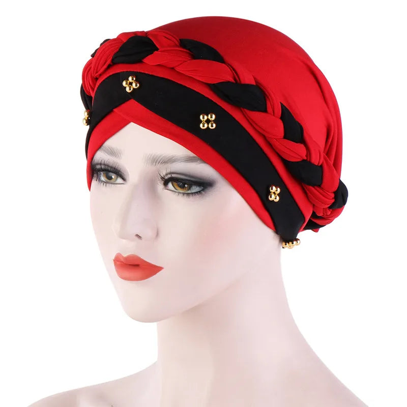 Turban femme  – Coton bicolore & perles élégantes
