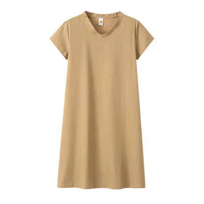 Robe Femme Col V Unie – Manches Courtes, Casual & Confortable