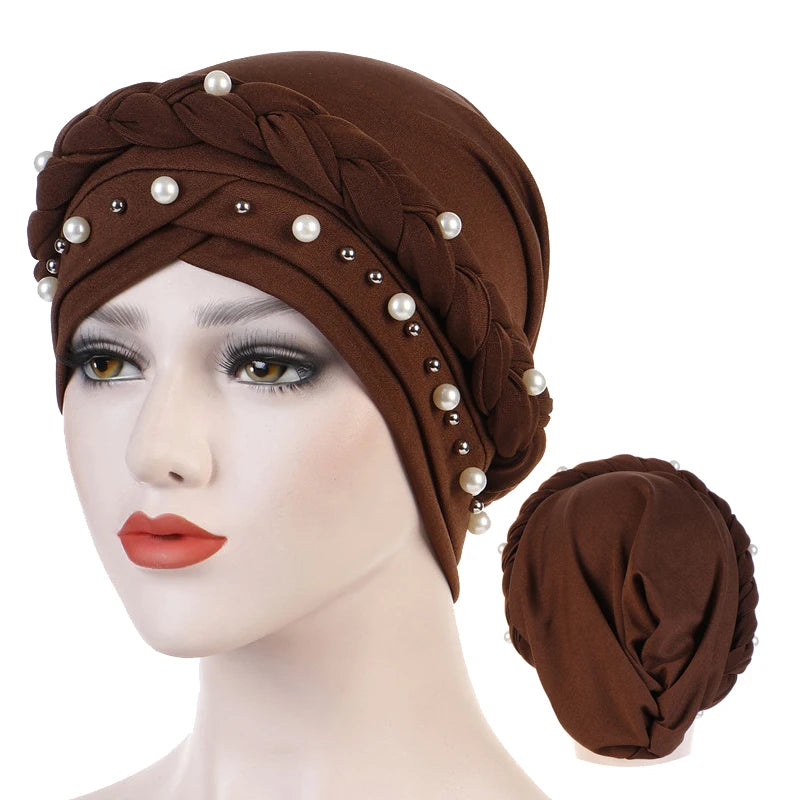 Turban femme  – Coton bicolore & perles élégantes