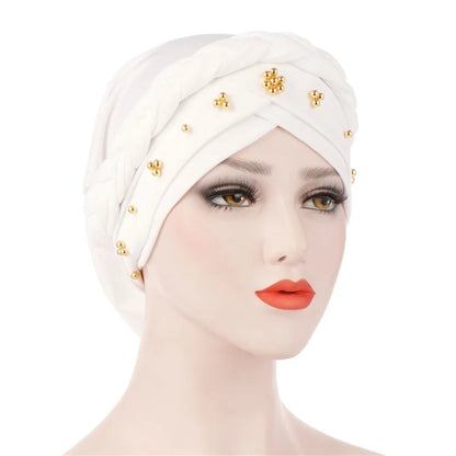 Turban femme  – Coton bicolore & perles élégantes