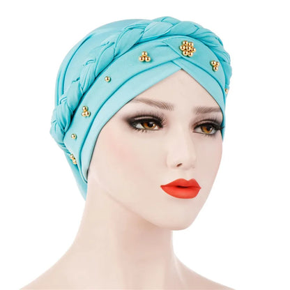 Turban femme  – Coton bicolore & perles élégantes