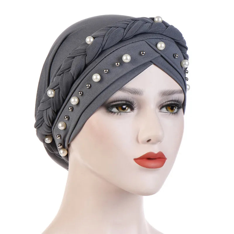 Turban femme  – Coton bicolore & perles élégantes