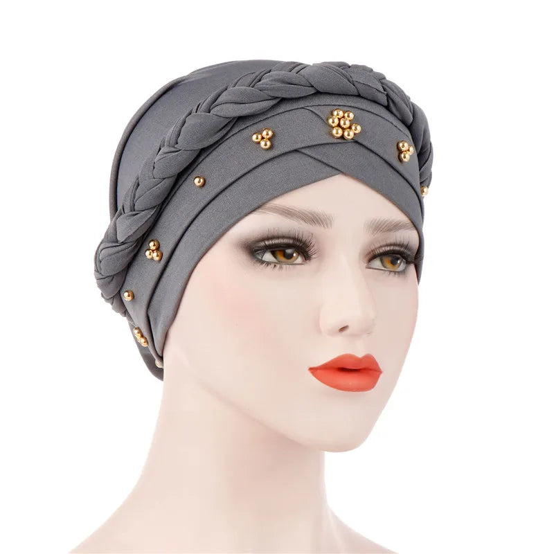 Turban femme  – Coton bicolore & perles élégantes