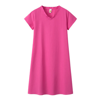 Robe Femme Col V Unie – Manches Courtes, Casual & Confortable