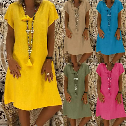 Robe Femme Col V Unie – Manches Courtes, Casual & Confortable