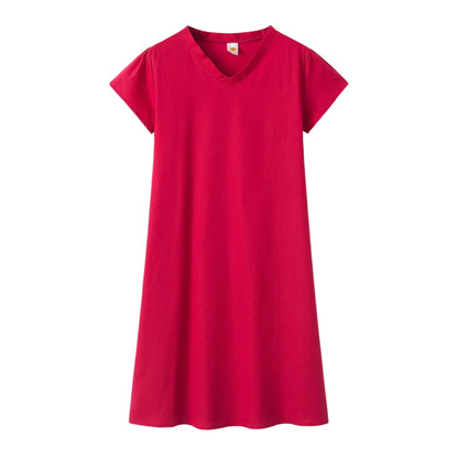 Robe Femme Col V Unie – Manches Courtes, Casual & Confortable