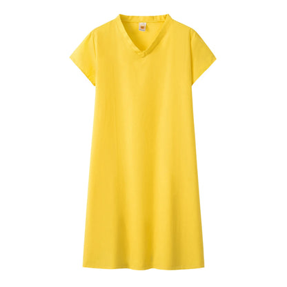 Robe Femme Col V Unie – Manches Courtes, Casual & Confortable
