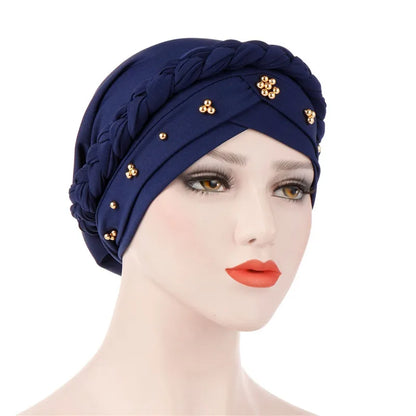 Turban femme  – Coton bicolore & perles élégantes