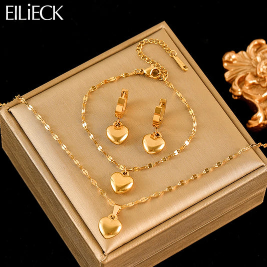 Set Bijoux Cœur Femme – Collier, Bracelet & Boucles Plaqué Or 18K