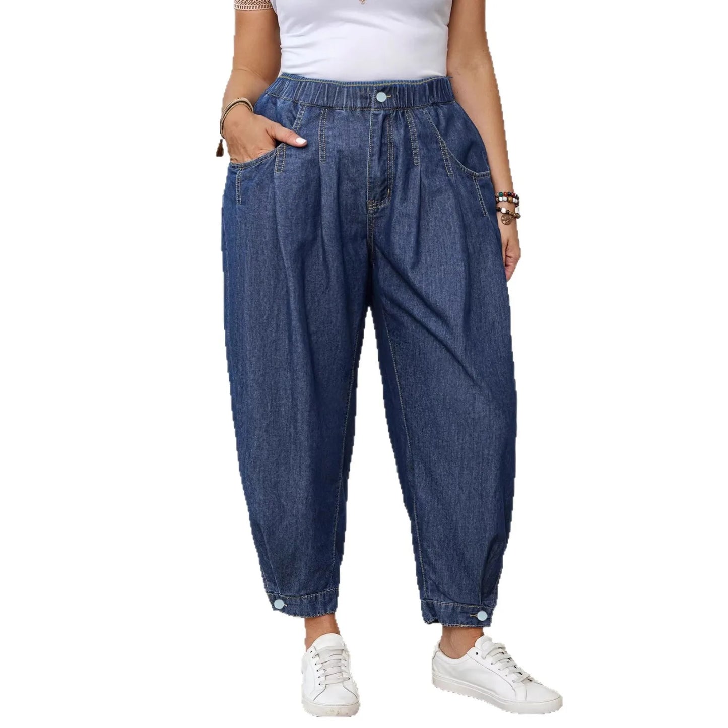 Jean Ample Femme Taille Élastique – Coupe Ballon Rétro Bleu Lavé