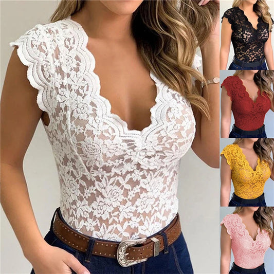 Top d’Été Femme en Dentelle – Sans Manches, Élégant et Léger