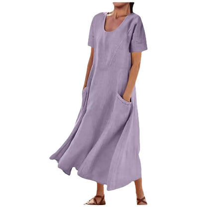 Robe Longue Femme Coton Lin – Manches Courtes, Légère & Avec Poches