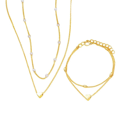 Set Collier & Bracelet Perles Cœur – Doré ou Argenté